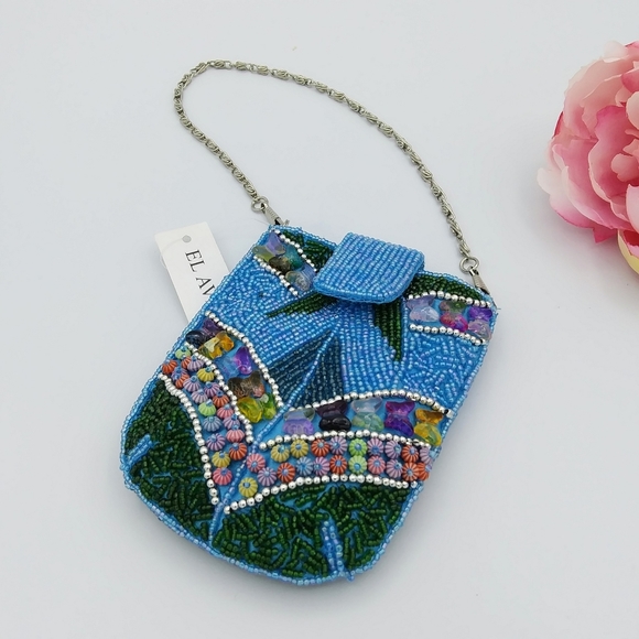 EL AVENUE Handbags - El Avenue Artisan Beaded Mini Bag Multicolor Removable Silver Chain Strap NWT